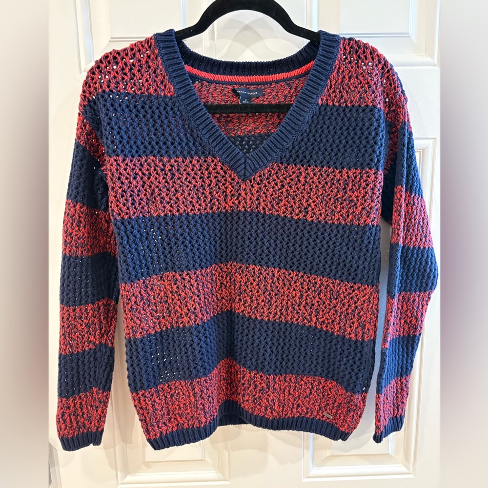 Tommy Hilfiger Red and Blue V-Neck Sweater M